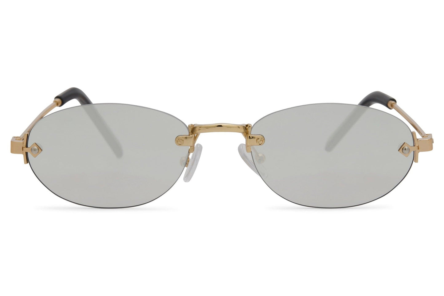 Rimless oval vintage sunglasses for men and women with gold copper frame and grey translucent polycarbonate lens – frameless retro shades for city wear and travel, free delivery across UK and Europe from Sunglass Station