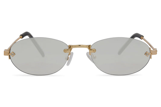 Rimless oval vintage sunglasses for men and women with gold copper frame and grey translucent polycarbonate lens – frameless retro shades for city wear and travel, free delivery across UK and Europe from Sunglass Station