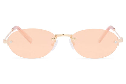 Rimless oval vintage sunglasses with gold copper frame and pink rose translucent polycarbonate lens – unisex frameless retro shades with a Y2K aesthetic, free UK and Europe delivery from Sunglass Station