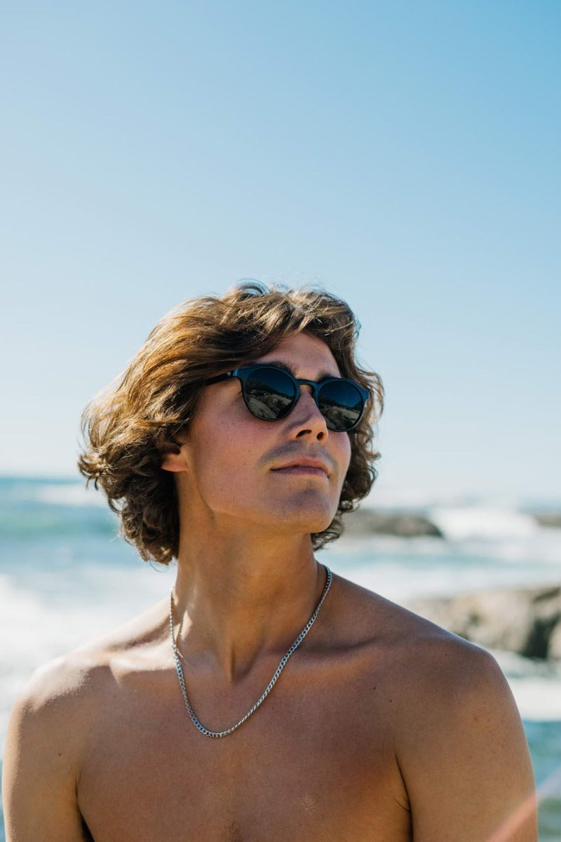 Men wearing Rome eco round sunglasses recycled polyester frame UV400 protection sustainable Roman Italian inspired summer beach outdoor city holiday festival eyewear free UK Europe shipping Sunglass Station