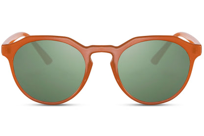Rome eco round sunglasses orange 100% recycled polyester frame green recycled lens UV400 protection men women bold vibrant sustainable summer festival beach city eyewear free UK Europe delivery Sunglass Station