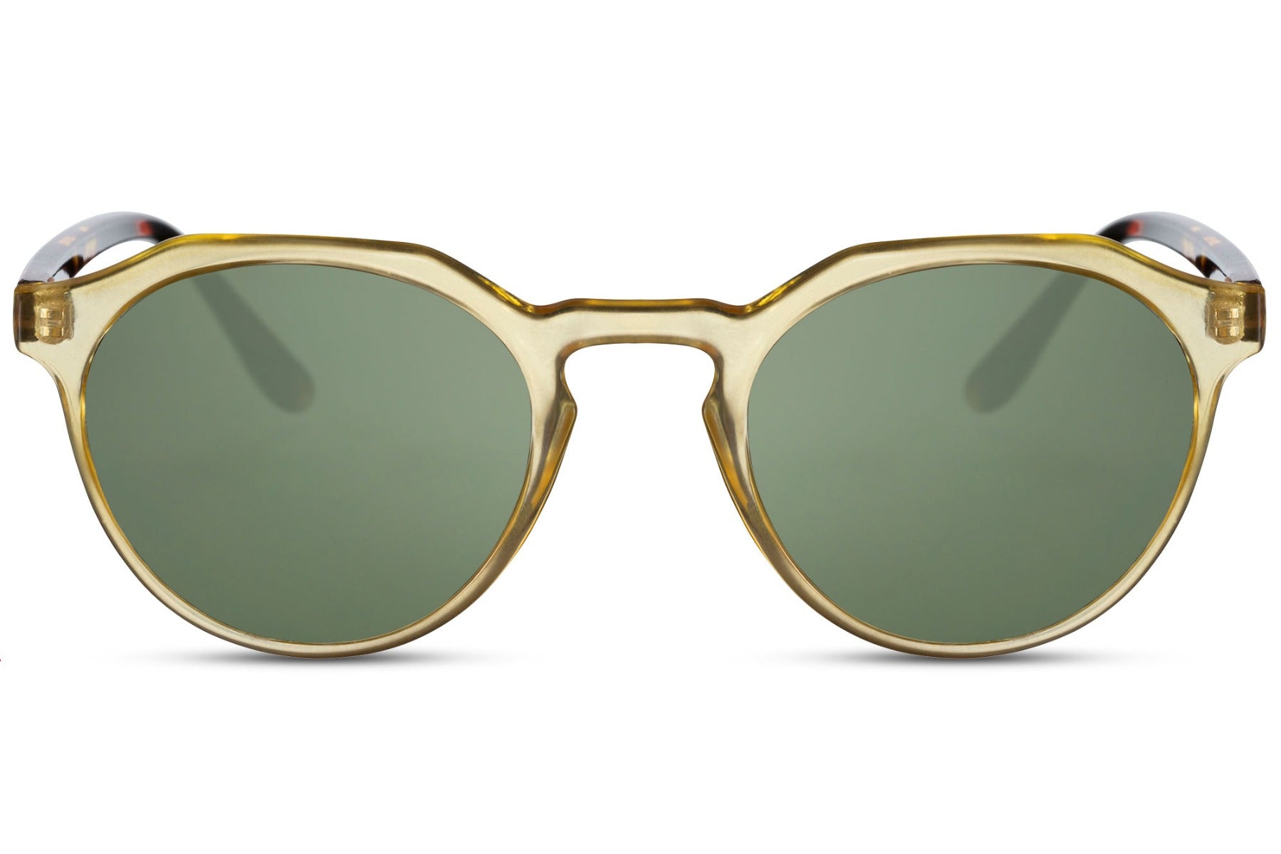 Rome eco round sunglasses yellow 100% recycled polyester frame green recycled lens UV400 protection men women bold statement sustainable summer festival beach city eyewear free UK Europe delivery Sunglass Station