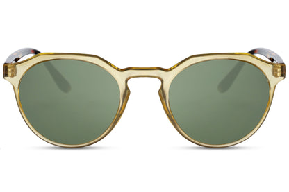 Rome eco round sunglasses yellow 100% recycled polyester frame green recycled lens UV400 protection men women bold statement sustainable summer festival beach city eyewear free UK Europe delivery Sunglass Station