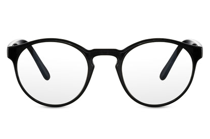 Round blue light filter eyeglasses black recycled polyester frame clear lens lightweight anti eye strain sustainable eco-friendly comfortable all-day screen wear office gaming free UK Europe shipping Sunglass Station