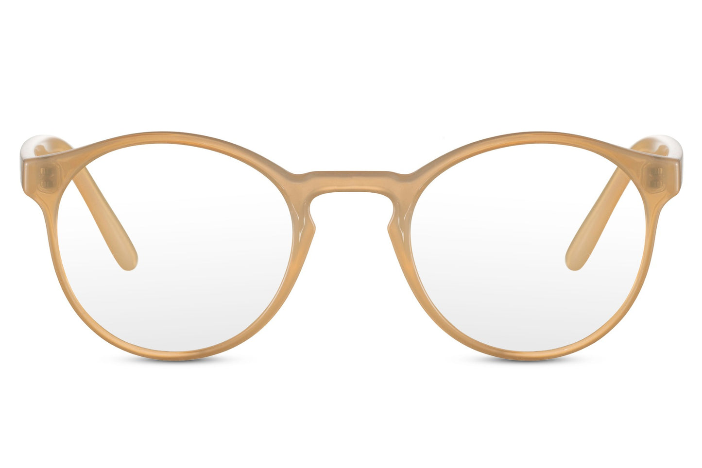Round blue light filter eyeglasses honey recycled polyester frame temple detail transparent lens anti eye strain non-allergenic durable sustainable eco-friendly screen glasses free UK Europe shipping Sunglass Station