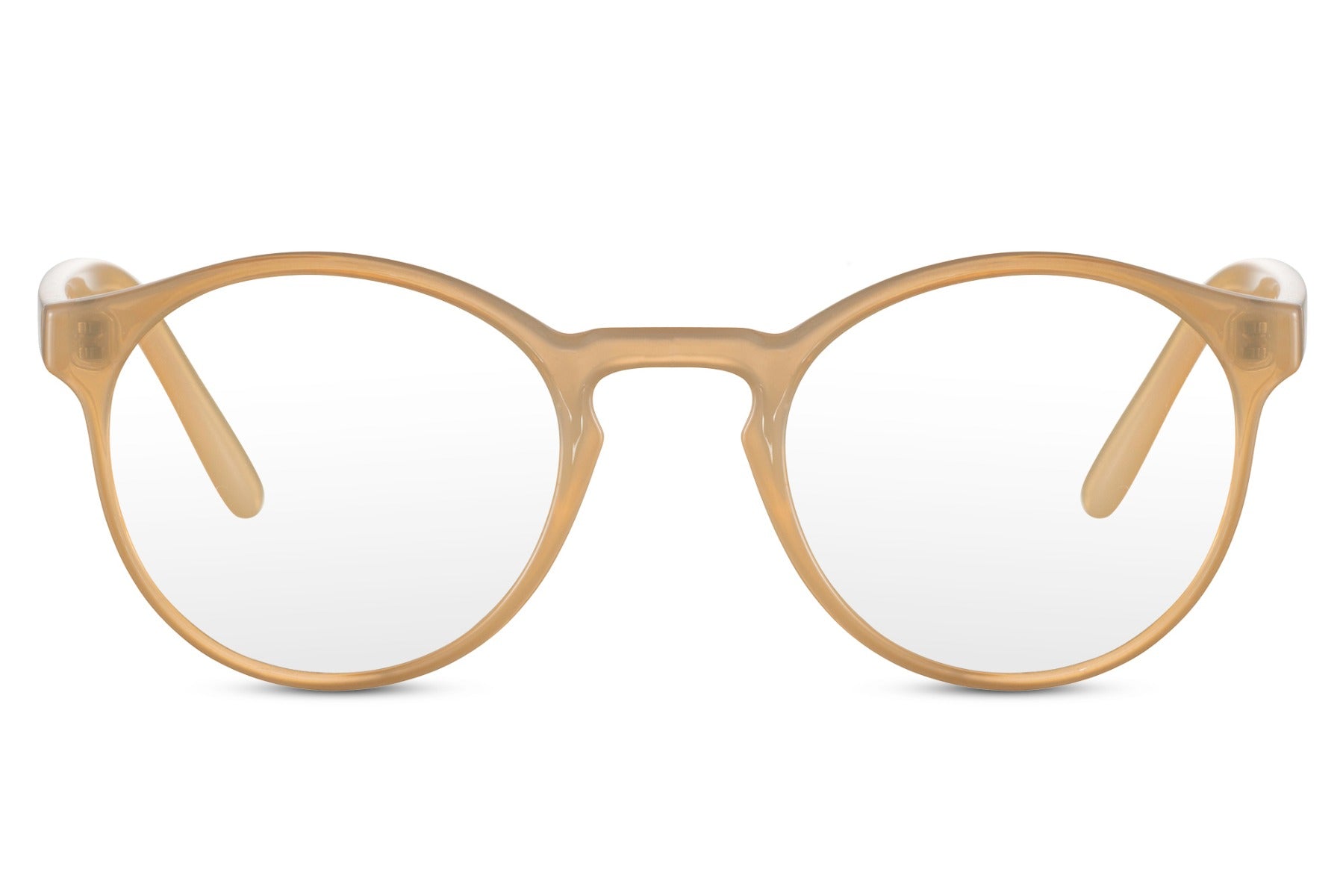 Round blue light filter eyeglasses honey recycled polyester frame temple detail transparent lens anti eye strain non-allergenic durable sustainable eco-friendly screen glasses free UK Europe shipping Sunglass Station