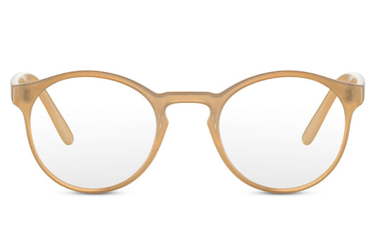Round blue light filter eyeglasses honey yellow 100% recycled polyester frame transparent lens anti eye strain screen protection eco-friendly men women computer gaming office free UK Europe delivery Sunglass Station