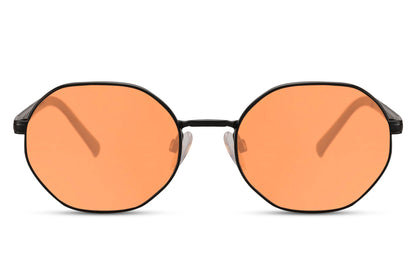A pair of round full round geometric frame sunglasses for daytime travelling