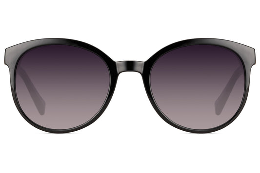 Round oversized modern sunglasses women black 100% recycled polyester rPC frame smoke gradient lens UV400 protection sustainable eco-friendly glamorous summer city beach holiday free UK Europe delivery Sunglass Station