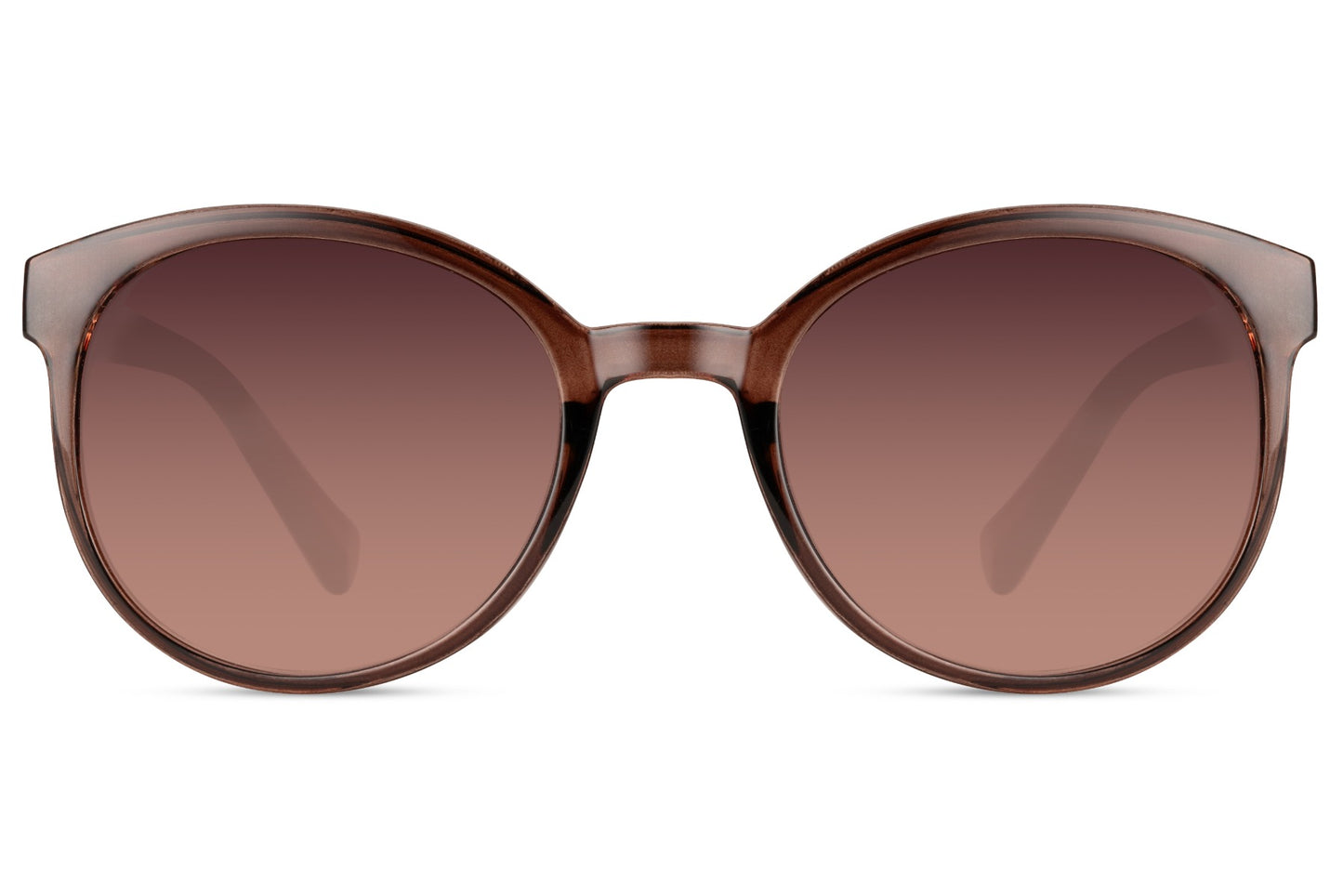 Round oversized modern sunglasses women brown nude recycled polyester rPC frame warm mauve gradient lens UV400 protection sustainable elegant retro summer city brunch holiday free UK Europe shipping Sunglass Station