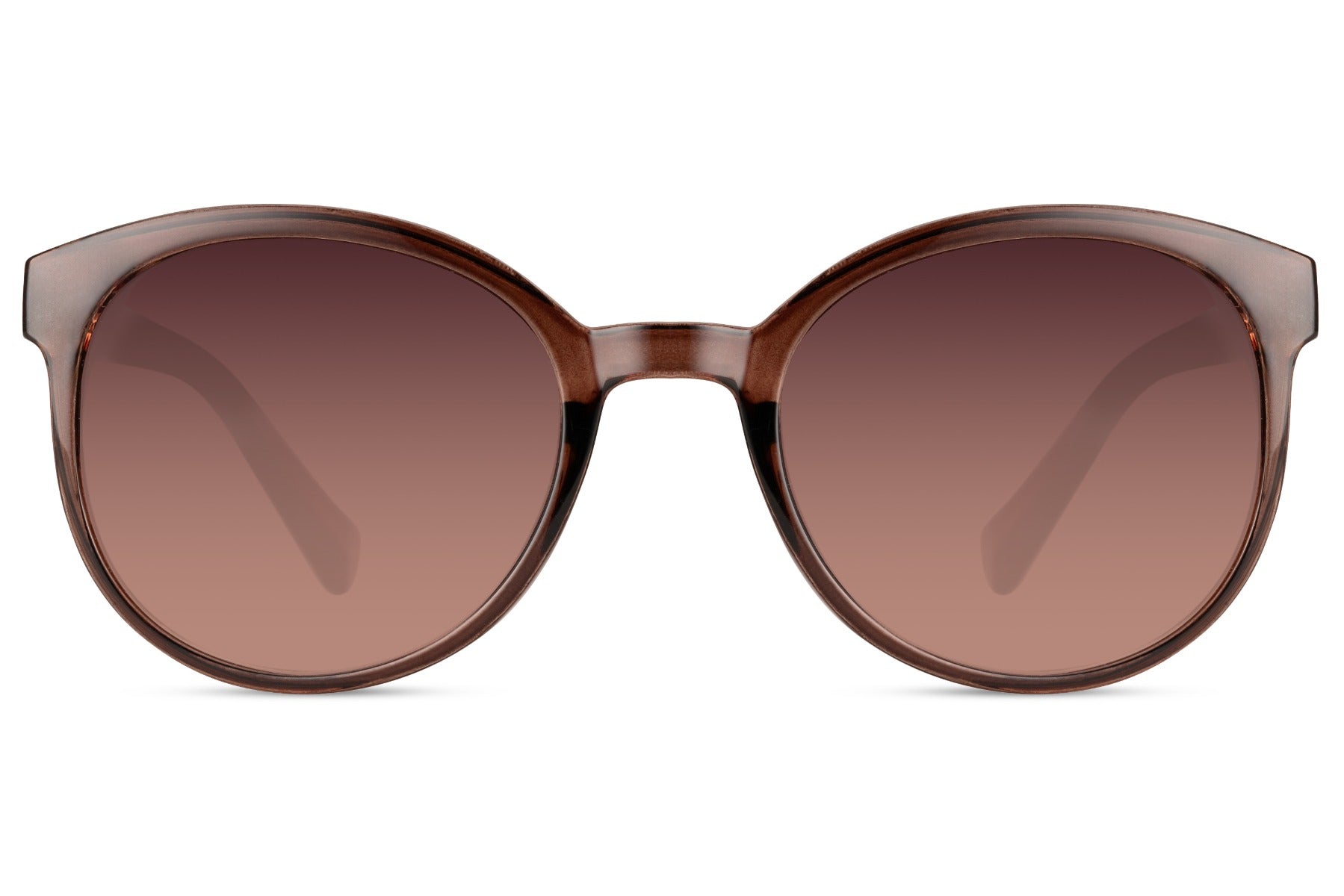 Round oversized modern sunglasses women brown nude recycled polyester rPC frame warm mauve gradient lens UV400 protection sustainable elegant retro summer city brunch holiday free UK Europe shipping Sunglass Station