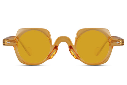 Amber tortoiseshell round party sunglasses — warm golden-hour lens energy, the Ibiza-to-Amalfi tint that dominated every European summer moment in 2026