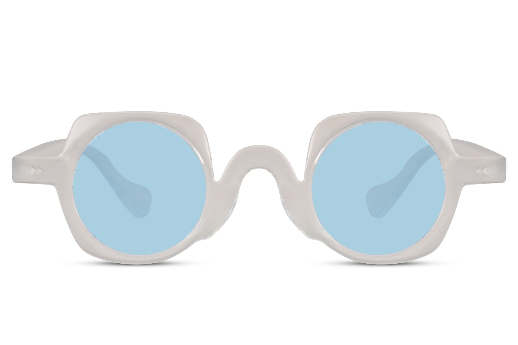 Ice blue round party sunglasses with white frame — minimal Scandinavian cool meets Mediterranean light, a clean-lens statement for sun-soaked afternoons