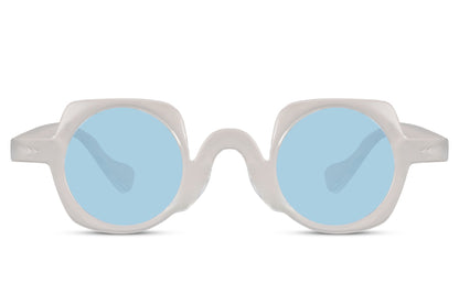 Ice blue round party sunglasses with white frame — minimal Scandinavian cool meets Mediterranean light, a clean-lens statement for sun-soaked afternoons