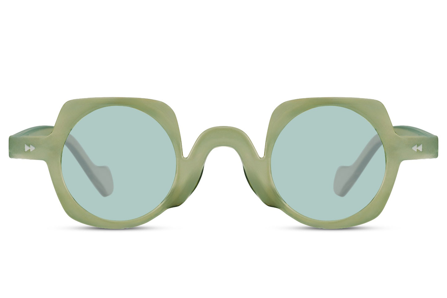 Sage green round party sunglasses — soft coastal palette meets relaxed European terrace dressing, a quietly confident colour for warm-weather weekends