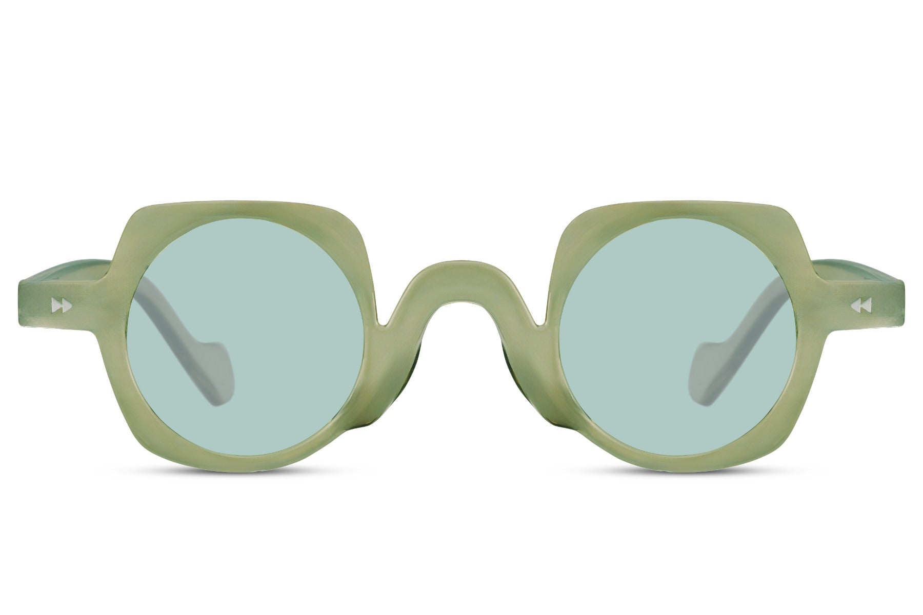 Sage green round party sunglasses — soft coastal palette meets relaxed European terrace dressing, a quietly confident colour for warm-weather weekends