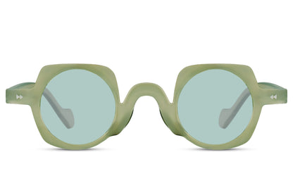 Sage green round party sunglasses — soft coastal palette meets relaxed European terrace dressing, a quietly confident colour for warm-weather weekends