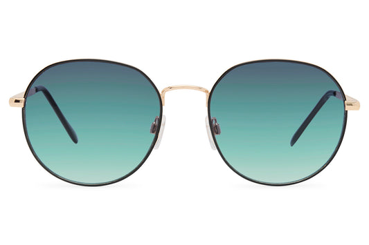 Round tinted sunglasses copper rose gold frame teal turquoise gradient recycled rPMMA lens UV protection men women sustainable premium summer beach festival eyewear free UK Europe delivery Sunglass Station