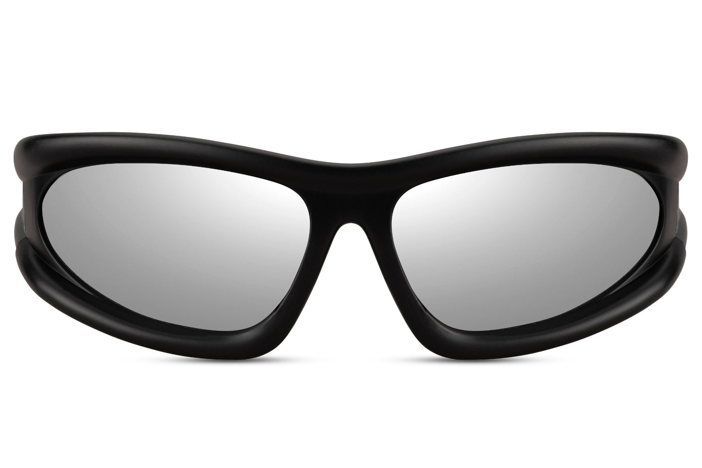 Sharp black flux frame party sunglasses with silver mirror lens — futuristic wraparound festival eyewear for men and women, UV400