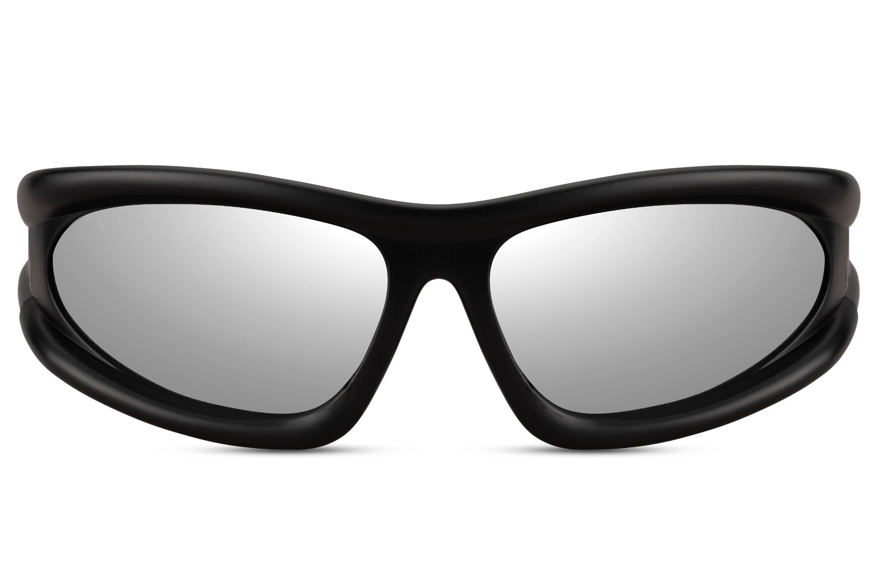 Sharp black flux frame party sunglasses with silver mirror lens — futuristic wraparound festival eyewear for men and women, UV400