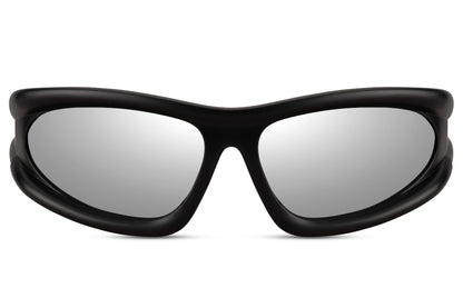 Sharp black flux frame party sunglasses with silver mirror lens — futuristic wraparound festival eyewear for men and women, UV400