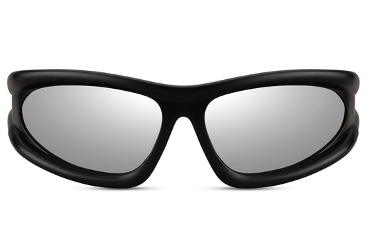 Sharp black flux frame party sunglasses with silver mirror lens — futuristic wraparound festival eyewear for men and women, UV400