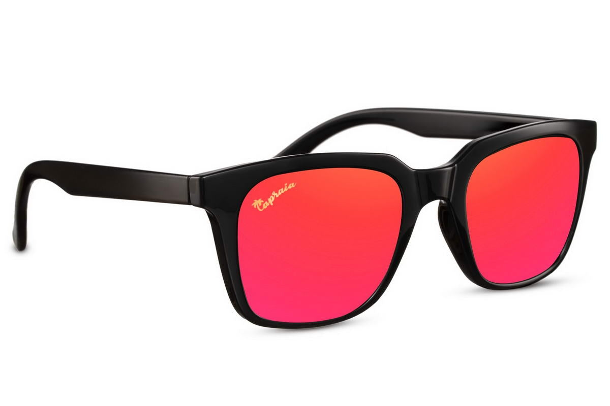 side angle view of red mirrored sunglass, lightweight, durable and perfect for ibiza beaches 