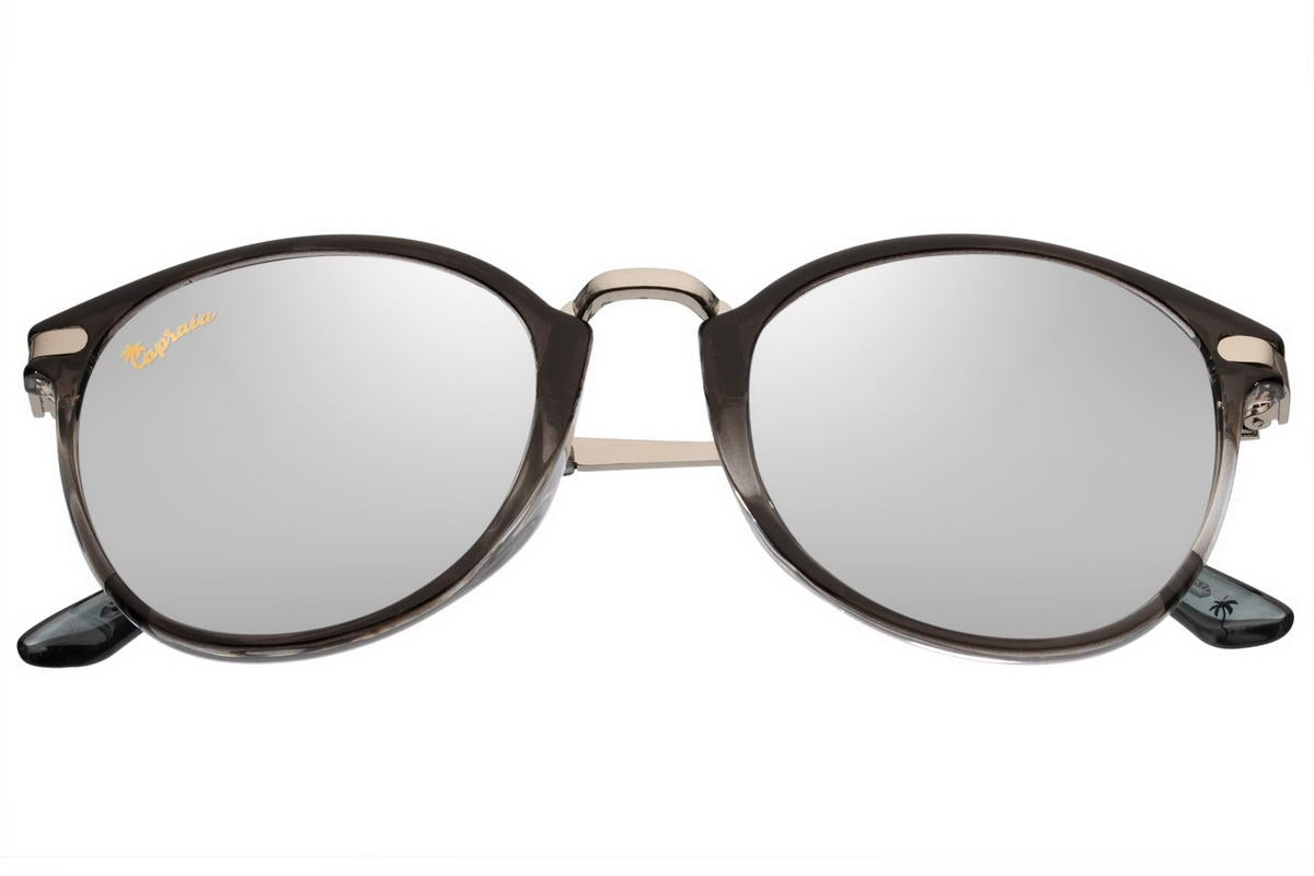 black frame silver mirrored round sunglass in unisex style