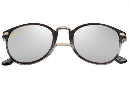 black frame silver mirrored round sunglass in unisex style