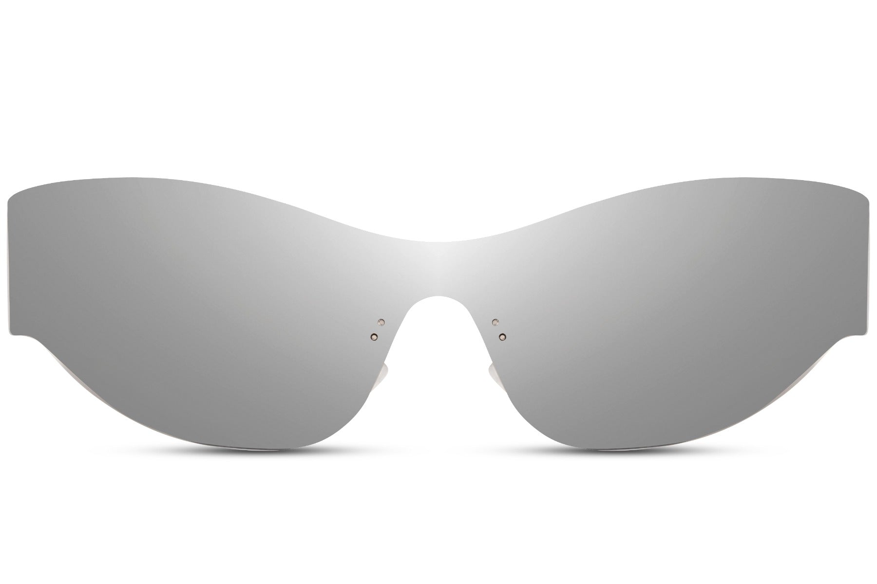 Silver mirror rimless visor party sunglasses — fearlessly futuristic unisex eyewear where the lens is the frame, high-grade polycarbonate with 6.5cm wide coverage, the statement piece for men and women who dress ahead of the curve, UV400 protection