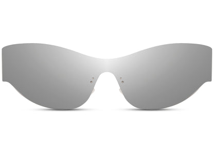 Silver mirror rimless visor party sunglasses — fearlessly futuristic unisex eyewear where the lens is the frame, high-grade polycarbonate with 6.5cm wide coverage, the statement piece for men and women who dress ahead of the curve, UV400 protection