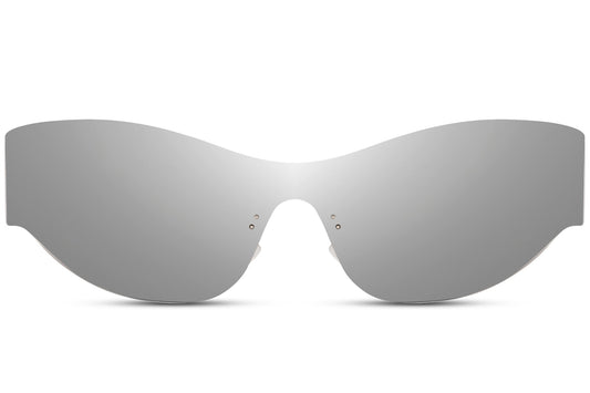 Silver mirror rimless visor party sunglasses — fearlessly futuristic unisex eyewear where the lens is the frame, high-grade polycarbonate with 6.5cm wide coverage, the statement piece for men and women who dress ahead of the curve, UV400 protection