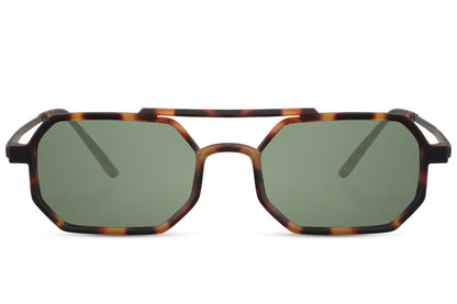 Olive green metal frame sleek geometric party sunglasses with green translucent lens — tonal colour blocking for men and women, the earthy chromatic lens that reads Italian countryside and Berlin gallery opening simultaneously | Sunglass Station