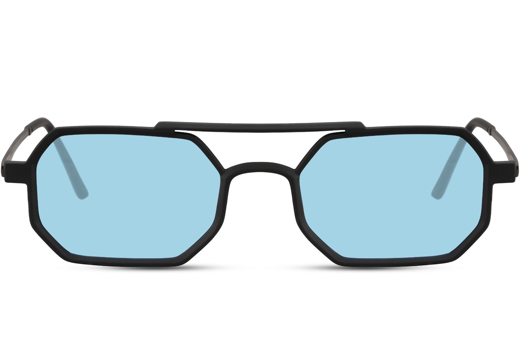 Silver metal sleek geometric party sunglasses with blue translucent lens — the techno-aesthetic lens colour in its most refined frame shape, the blue tint that moved from Amsterdam club culture to mainstream European street style in 2026 | Sunglass Station