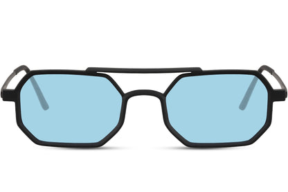 Silver frame sleek geometric party sunglasses with sky blue translucent lens — coastal chromatic dressing for men and women, the pale blue tint that flatters every skin tone under Mediterranean and Atlantic light, UV400 metal frame