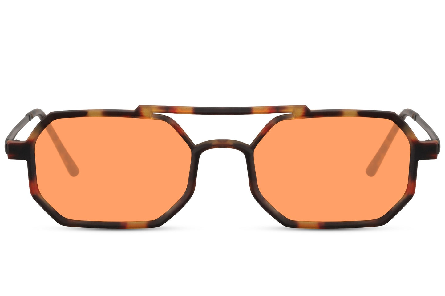 Tortoiseshell metal frame sleek geometric party sunglasses with orange translucent lens — flat-top editorial silhouette in lightweight metal, the warm chromatic lens pairing that belongs on a Copenhagen street style edit or an Ibiza rooftop, UV400