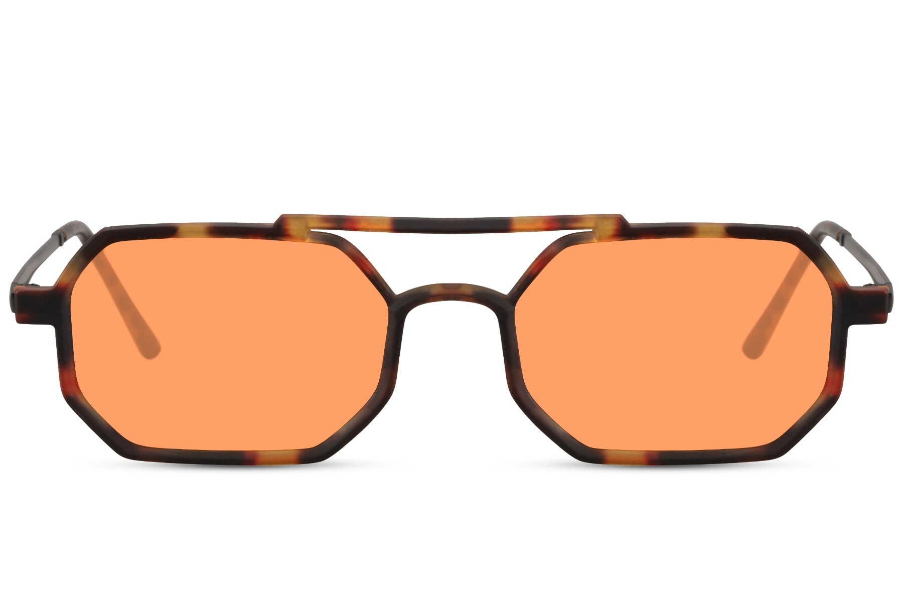 Tortoiseshell metal frame sleek geometric party sunglasses with orange translucent lens — flat-top editorial silhouette in lightweight metal, the warm chromatic lens pairing that belongs on a Copenhagen street style edit or an Ibiza rooftop, UV400