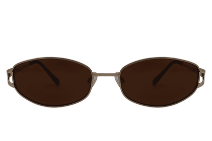 Sleek metal oval sunglasses for men and women with gold frame and amber brown tinted lens – vintage-inspired unisex designer shades for everyday wear and summer holidays, Sunglass Station free shipping UK and Europe
