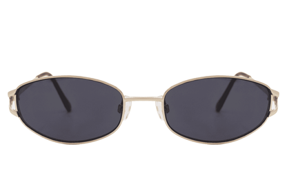 Sleek metal oval sunglasses for men and women with gold frame and smoke grey lens – unisex designer-style retro shades with sustainable design, free delivery across UK and Europe from Sunglass Station