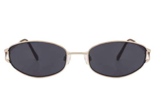 Sleek metal oval sunglasses for men and women with gold frame and smoke grey lens – unisex designer-style retro shades with sustainable design, free delivery across UK and Europe from Sunglass Station