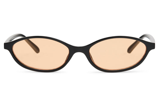 Sleek black oval sunglasses with orange tinted lenses, Y2K inspired party eyewear for London festival style 2026.