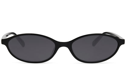 Sleek oval sunglasses for men and women with black polycarbonate frame and smoke black lens – sharp minimalist retro round shades for everyday city wear and smart casual styling, Sunglass Station free shipping UK and Europe