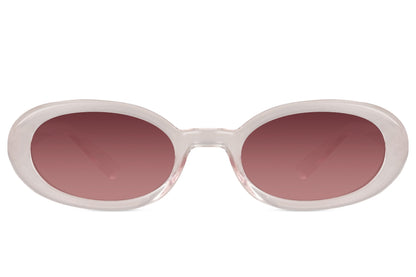 Sleek oval sunglasses for men and women with cream recycled polyester frame and burgundy wine tinted lens – retro Y2K street style shades for going out and festivals, Sunglass Station free shipping UK and Europe