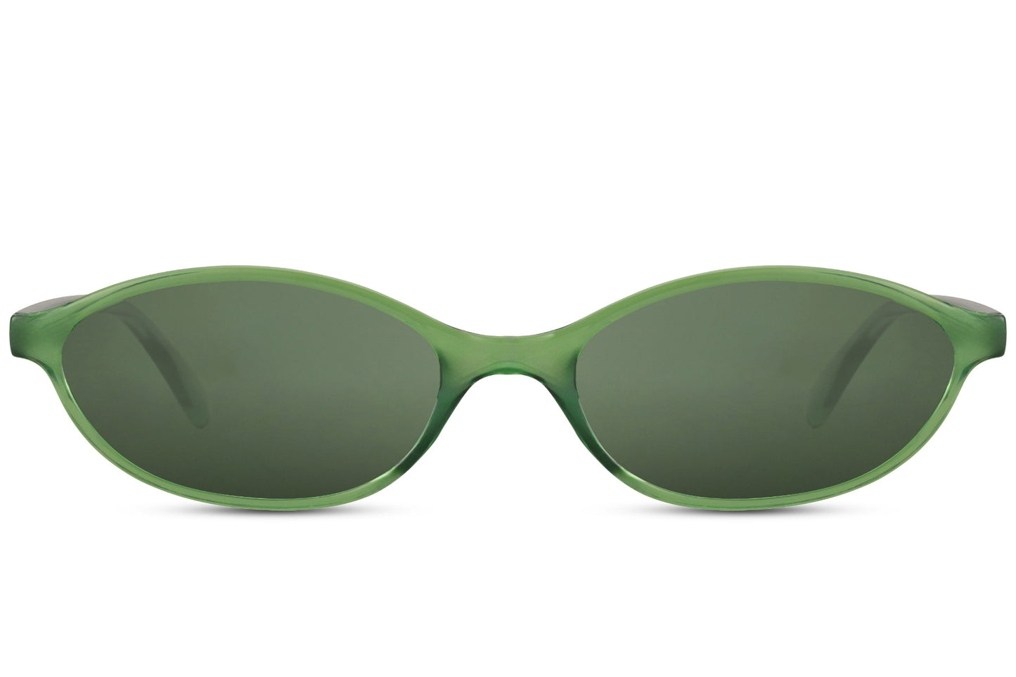 Sleek oval sunglasses for men and women with olive green polycarbonate frame and matching dark green lens – tone-on-tone retro round shades for festivals and urban street style, free UK and Europe delivery from Sunglass Station