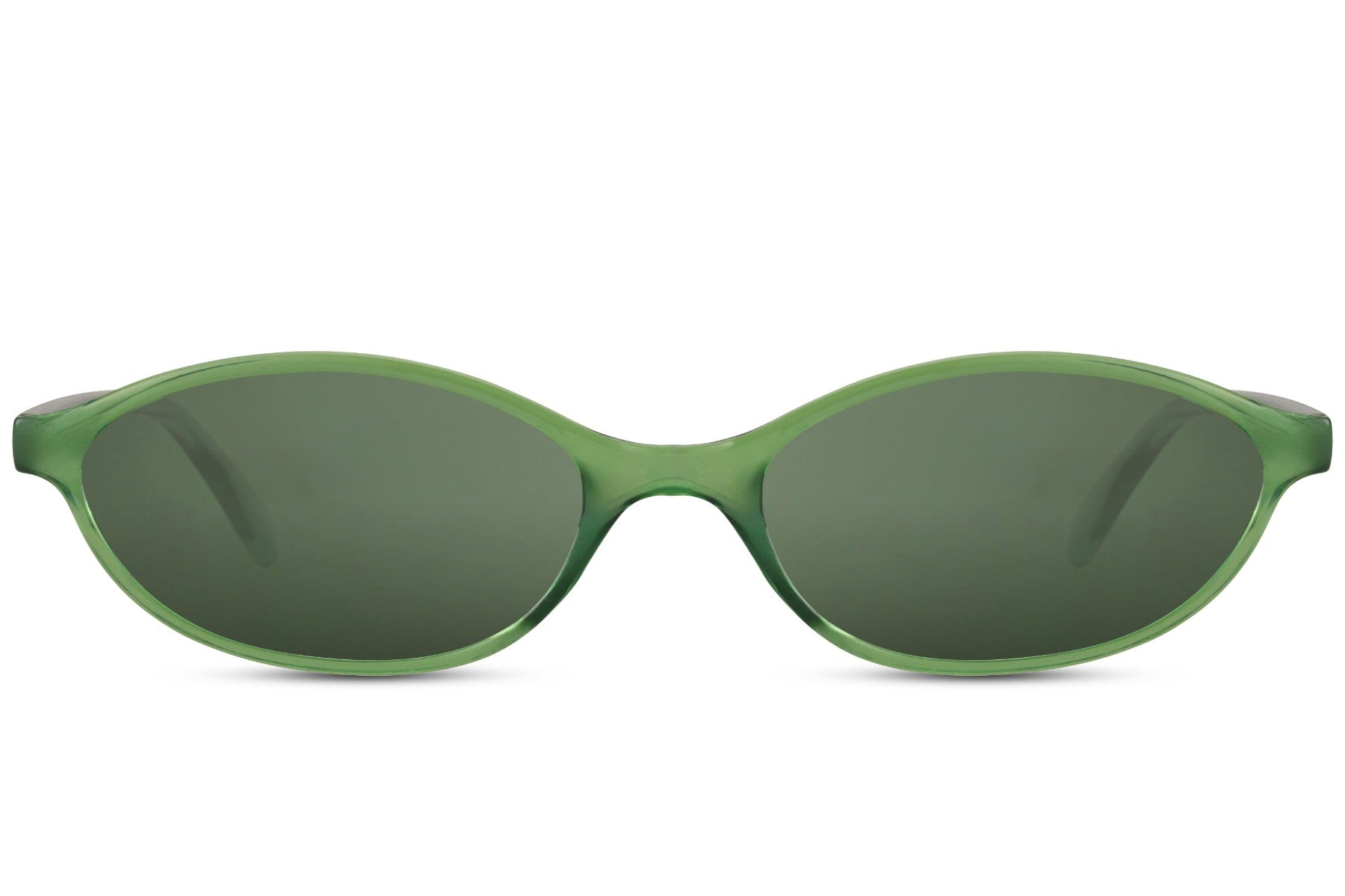 Sleek oval sunglasses for men and women with olive green polycarbonate frame and matching dark green lens – tone-on-tone retro round shades for festivals and urban street style, free UK and Europe delivery from Sunglass Station
