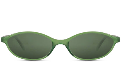 Sleek oval sunglasses for men and women with olive green polycarbonate frame and matching dark green lens – tone-on-tone retro round shades for festivals and urban street style, free UK and Europe delivery from Sunglass Station