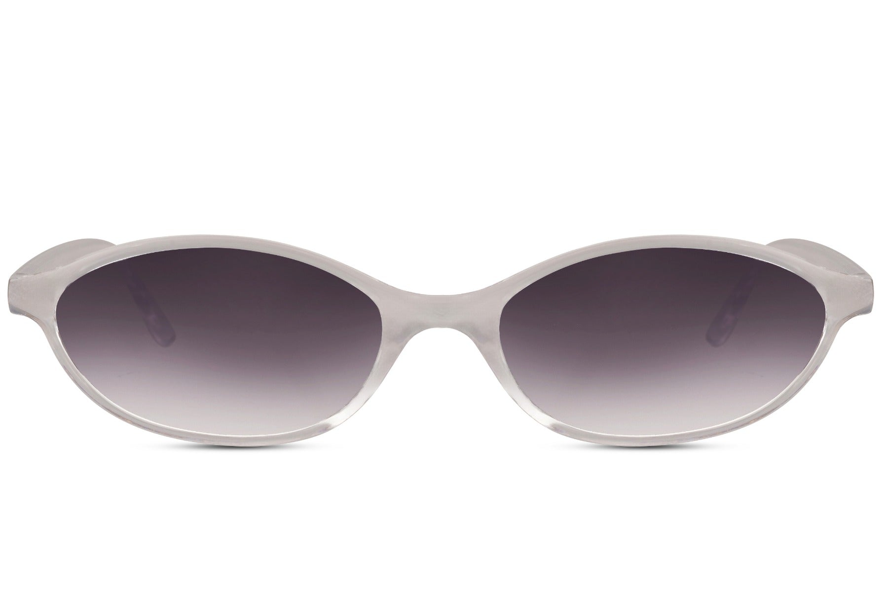 Sleek oval sunglasses for men and women with silver clear polycarbonate frame and lavender purple gradient lens – sharp retro round shades for city wear and going out, Sunglass Station free UK and Europe shipping