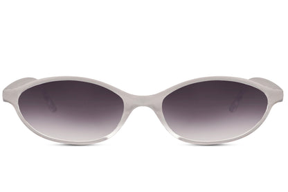 Sleek oval sunglasses for men and women with silver clear polycarbonate frame and lavender purple gradient lens – sharp retro round shades for city wear and going out, Sunglass Station free UK and Europe shipping