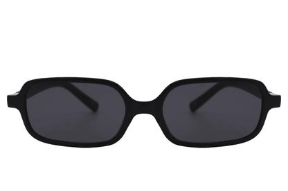 Sleek rectangle frame sunglasses for men and women with black recycled polyester frame and smoke grey tough polycarbonate lens – sustainable thin square retro shades for everyday city wear and street style, free delivery across UK and Europe from Sunglass Station
