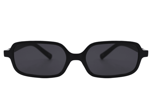 Sleek rectangle frame sunglasses for men and women with black recycled polyester frame and smoke grey tough polycarbonate lens – sustainable thin square retro shades for everyday city wear and street style, free delivery across UK and Europe from Sunglass Station